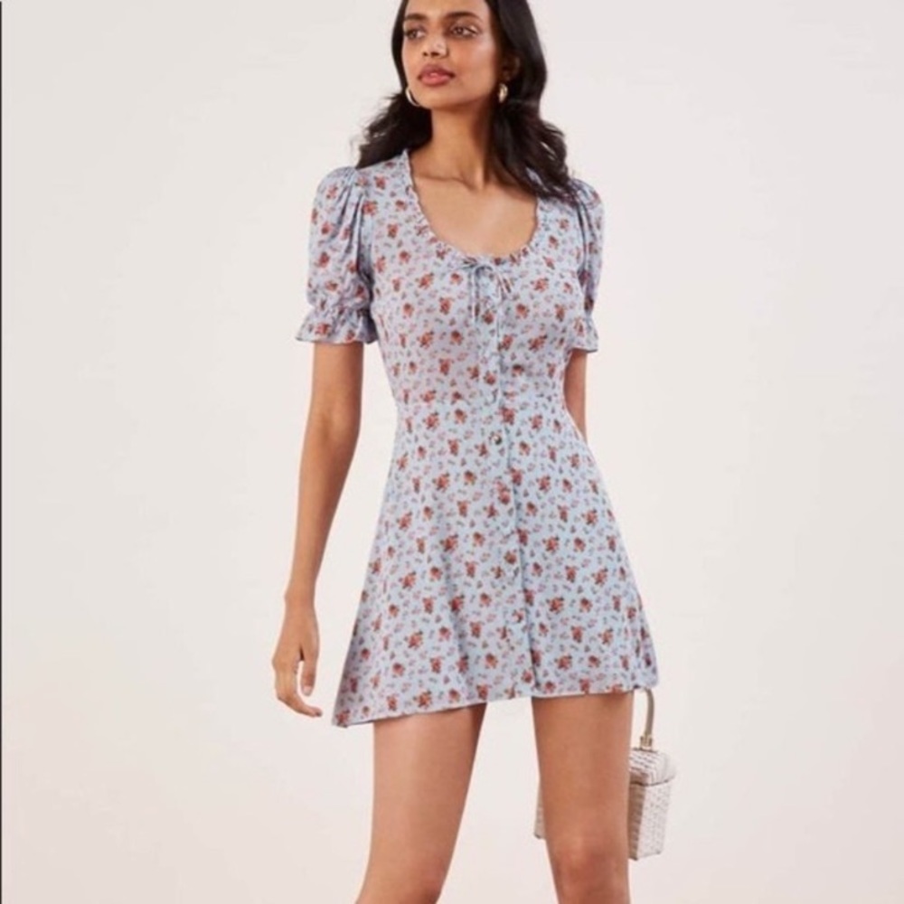 Reformation Page Mini Dress in Petunia Blue w Roses, Puff Sleeves, Split Back